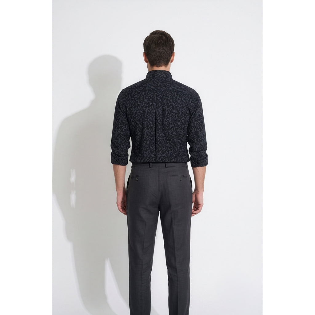 Americus Men's Printed Cotton Shirt Midnight Black Navy Tonal Swirl Wave