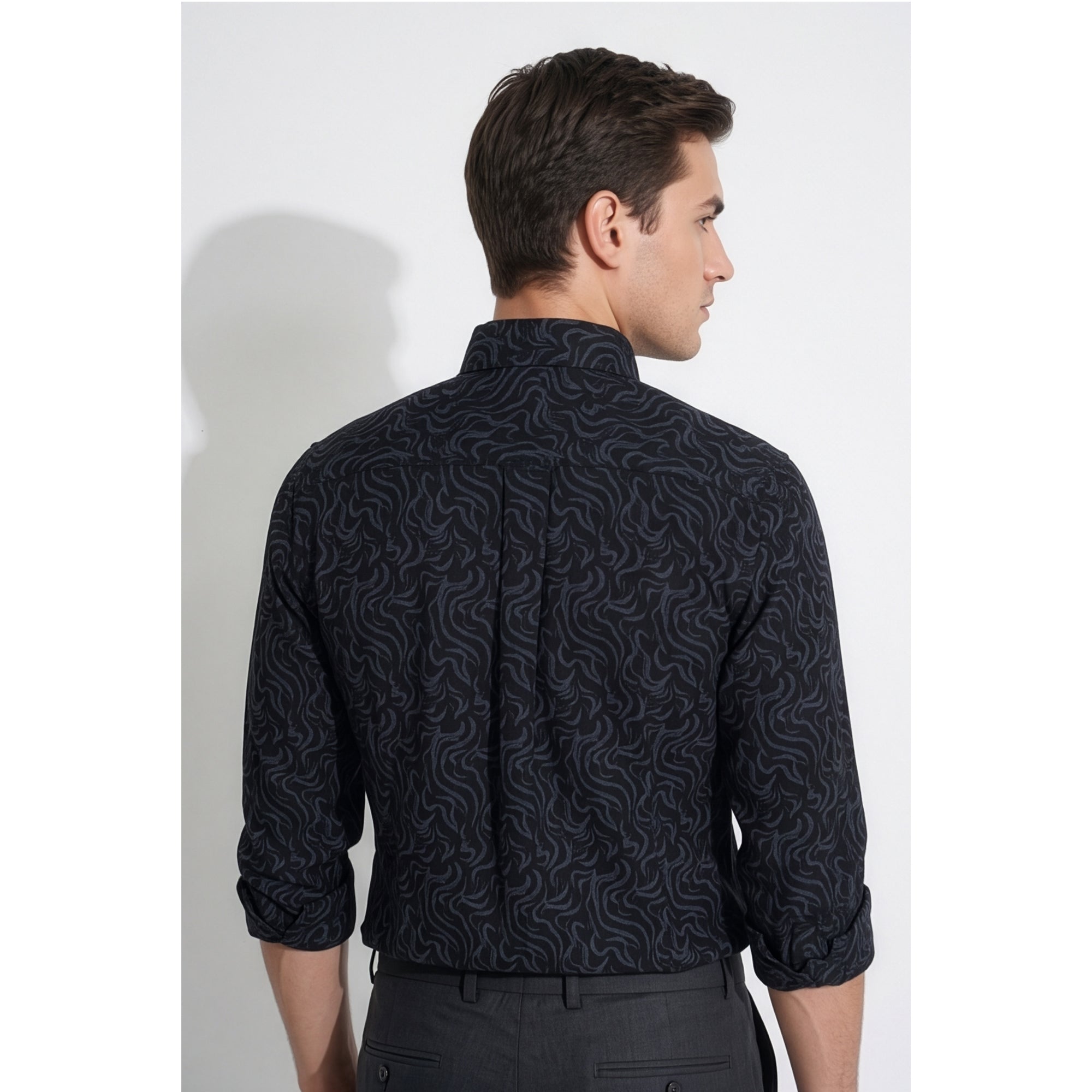 Americus Men's Printed Cotton Shirt Midnight Black Navy Tonal Swirl Wave