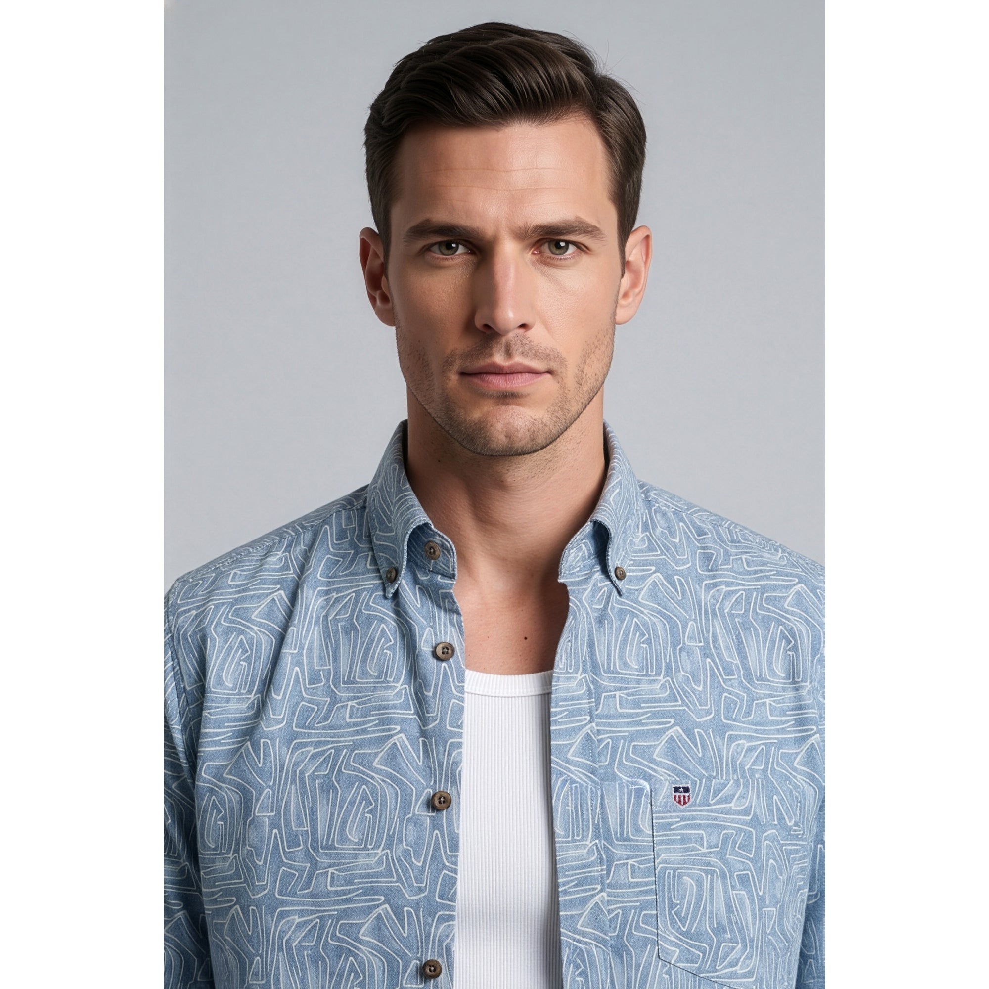 Americus Men's Printed Cotton Shirt Steel Blue White Abstract Maze
