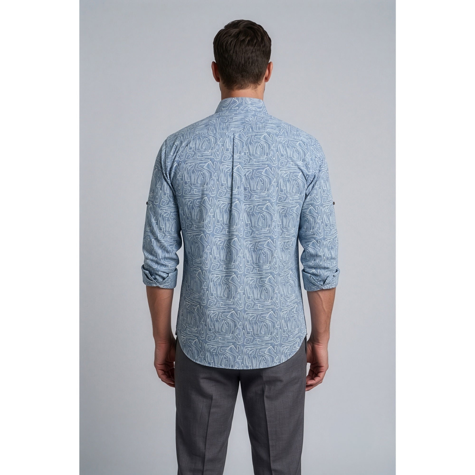 Americus Men's Printed Cotton Shirt Steel Blue White Abstract Maze
