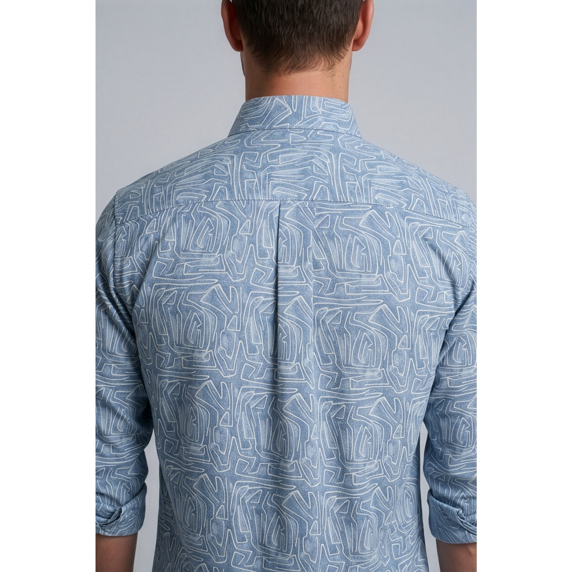 Americus Men's Printed Cotton Shirt Steel Blue White Abstract Maze