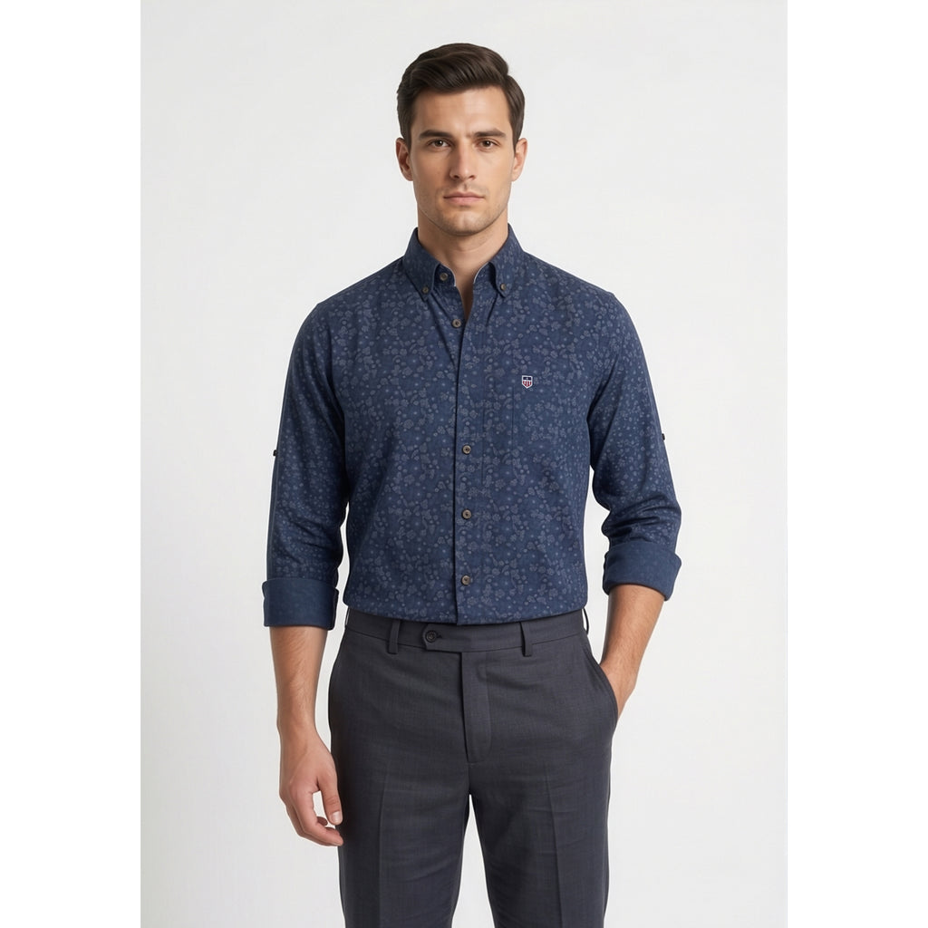 Americus Men's Printed Cotton Shirt Navy Tonal Ditsy Floral