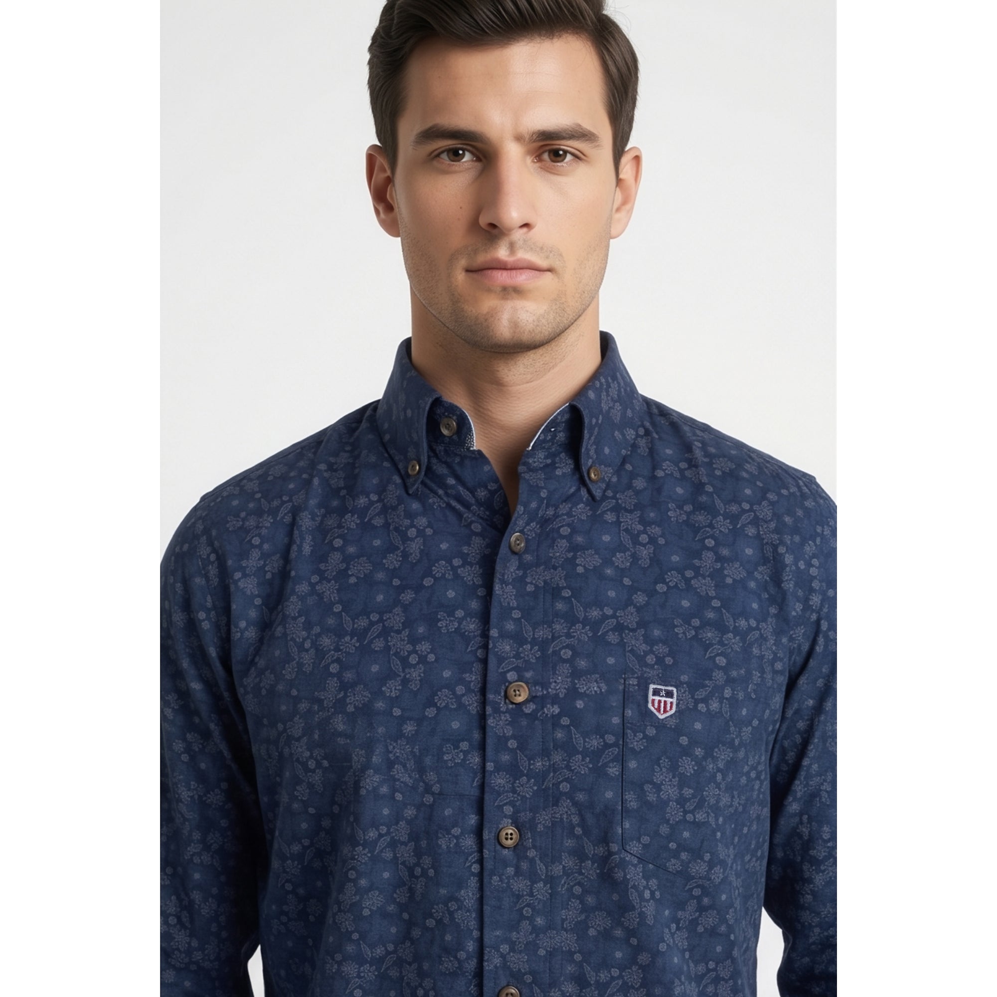 Americus Men's Printed Cotton Shirt Navy Tonal Ditsy Floral