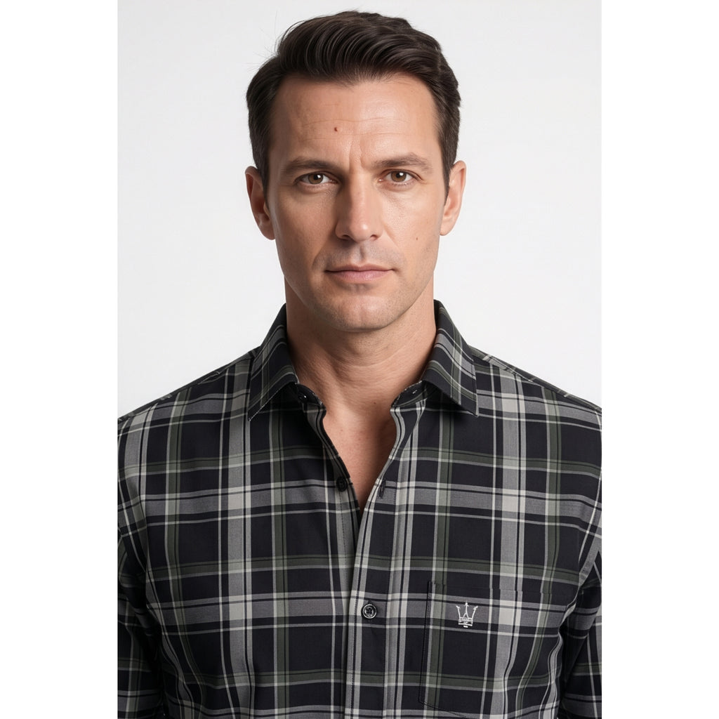 Calcani Men's Formal Shirt Charcoal Black Grey White Large Tartan Plaid