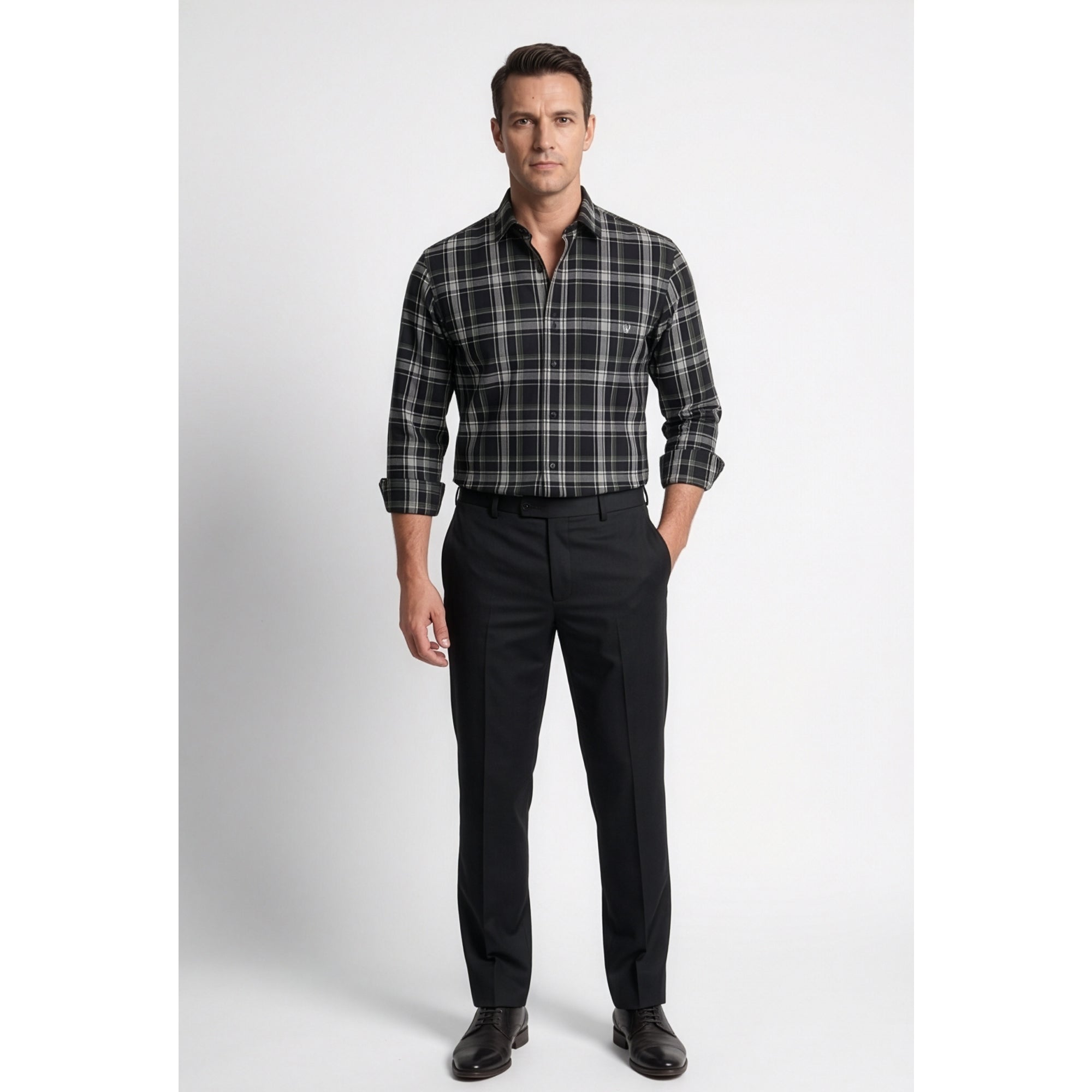 Calcani Men's Formal Shirt Charcoal Black Grey White Large Tartan Plaid