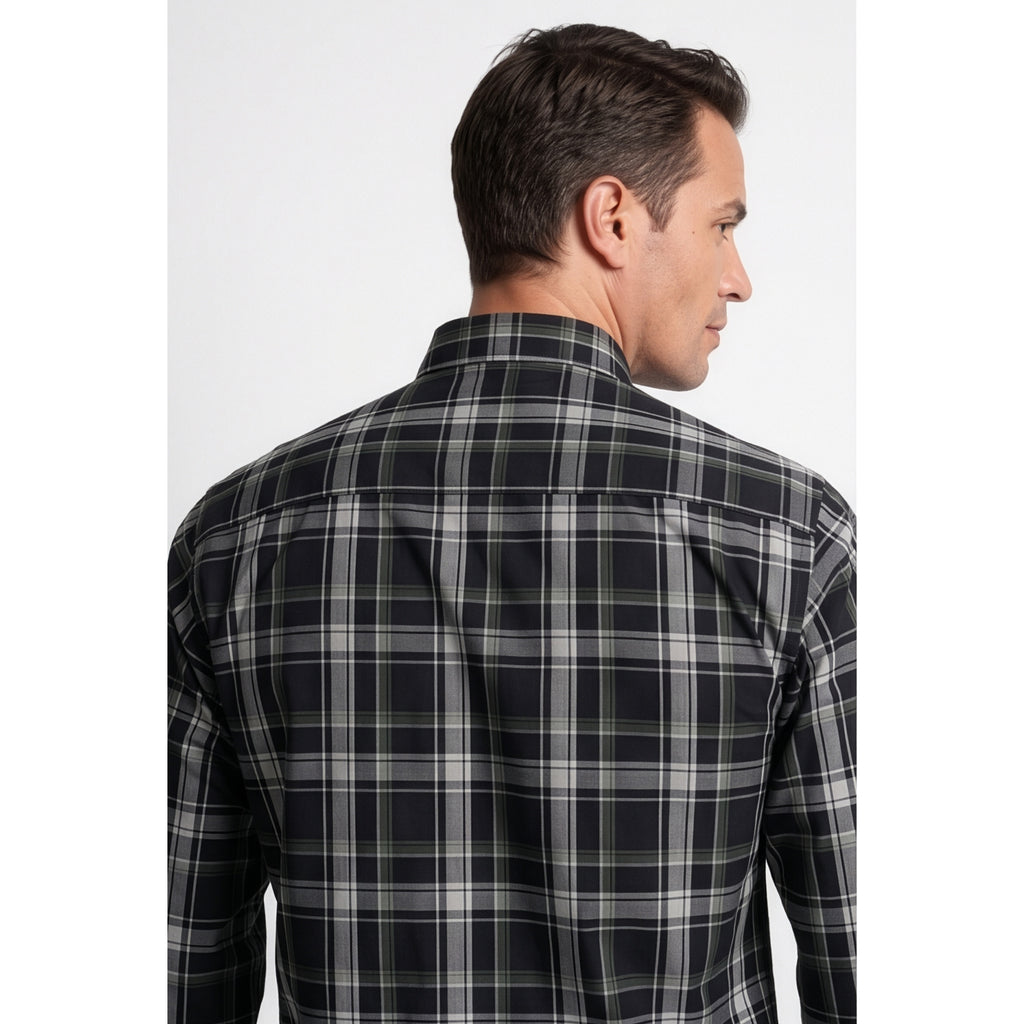 Calcani Men's Formal Shirt Charcoal Black Grey White Large Tartan Plaid