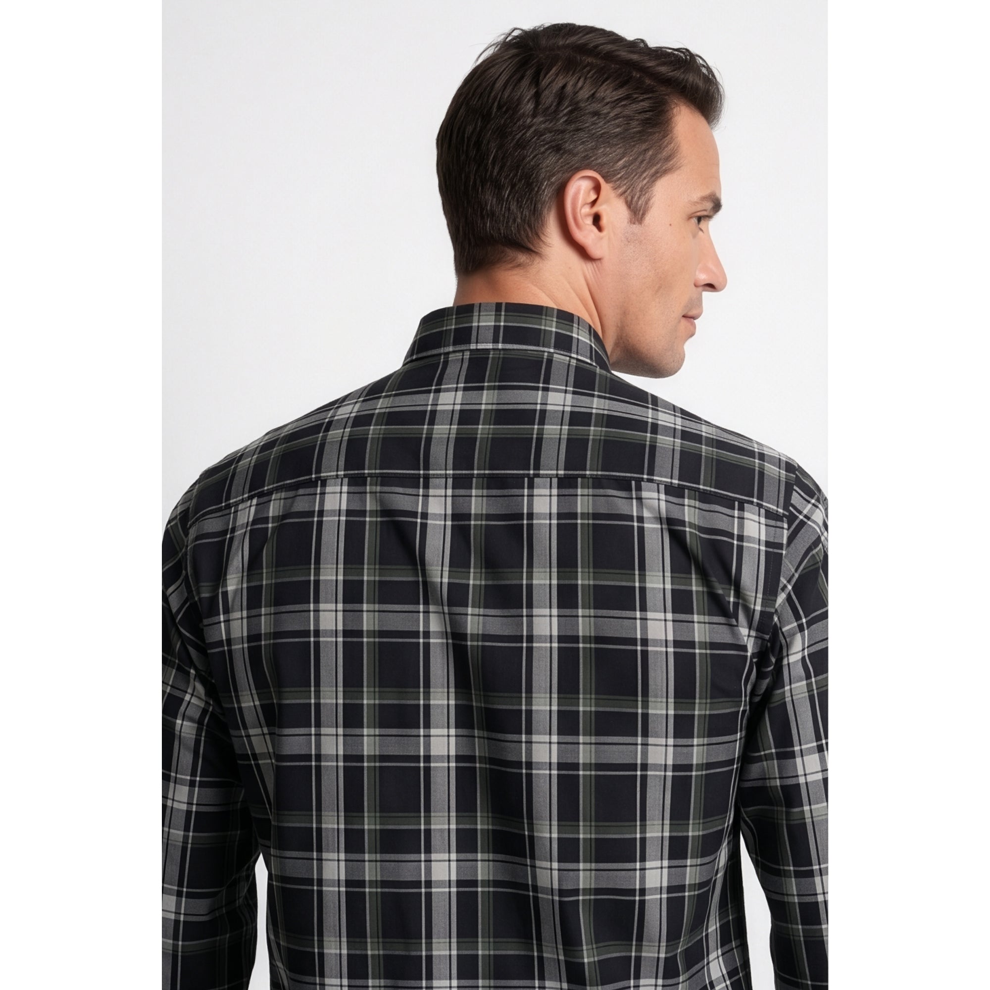 Calcani Men's Formal Shirt Charcoal Black Grey White Large Tartan Plaid