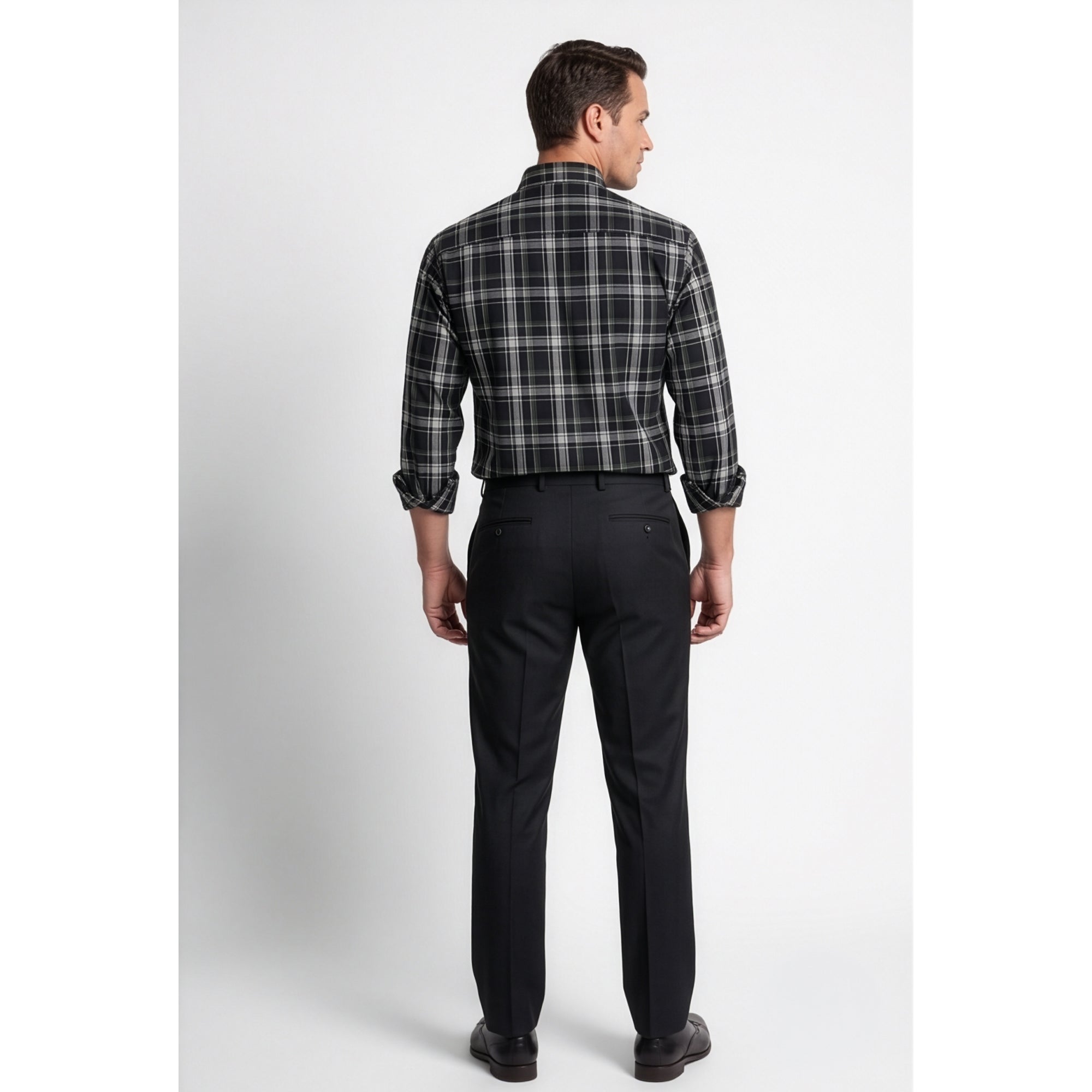 Calcani Men's Formal Shirt Charcoal Black Grey White Large Tartan Plaid