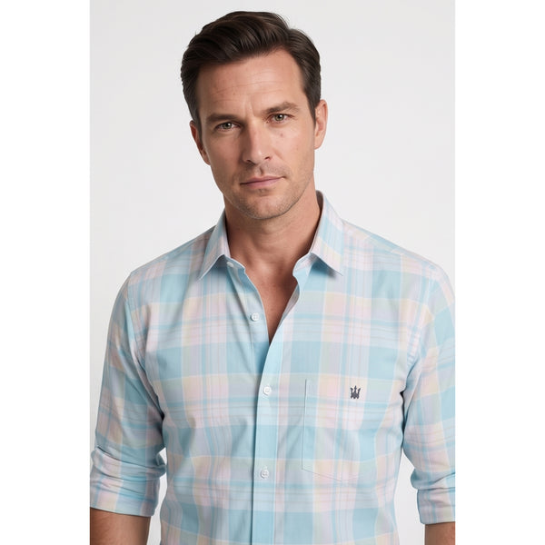 Calcani Men's Formal Shirt Sky Blue Peach Cream Large Windowpane