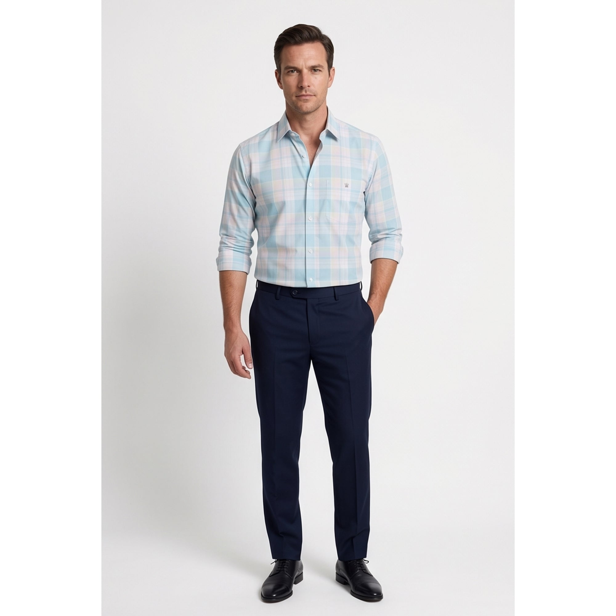 Calcani Men's Formal Shirt Sky Blue Peach Cream Large Windowpane