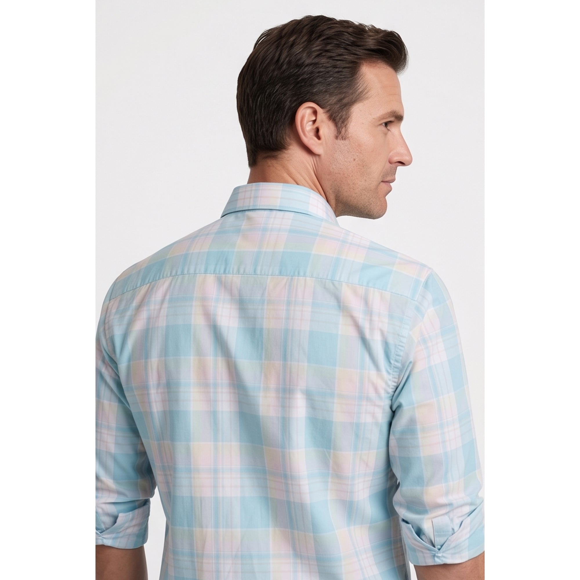 Calcani Men's Formal Shirt Sky Blue Peach Cream Large Windowpane