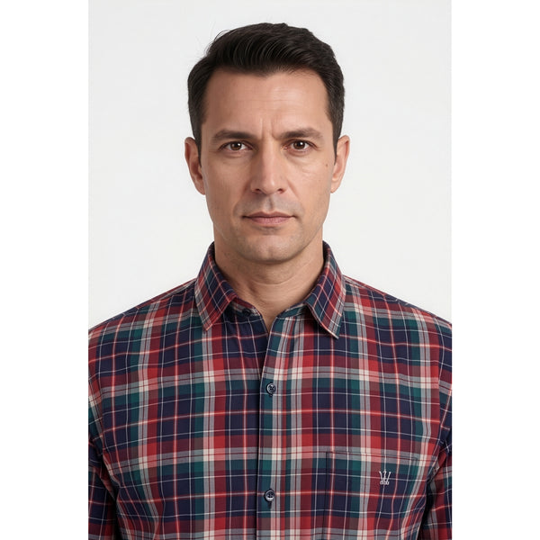 Calcani Men's Formal Shirt Deep Red Navy Teal Large Tartan