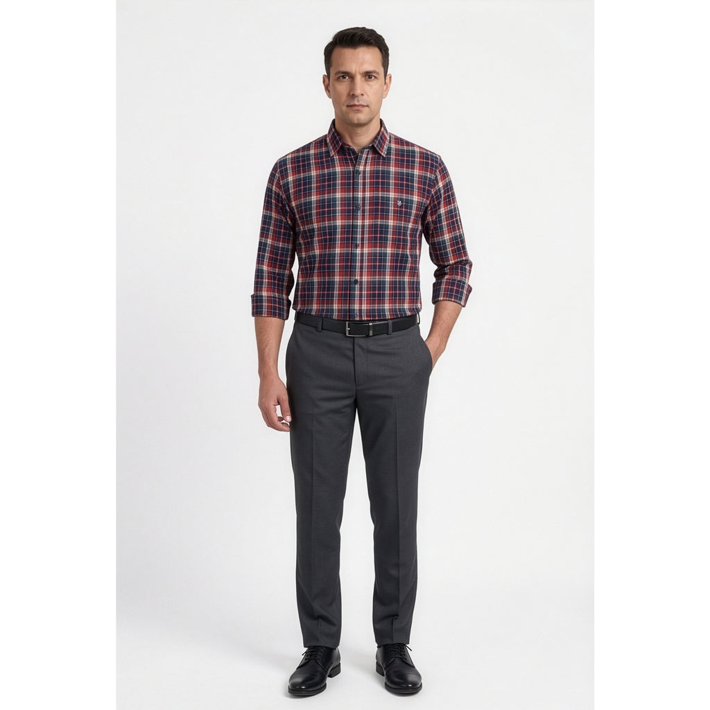 Calcani Men's Formal Shirt Deep Red Navy Teal Large Tartan