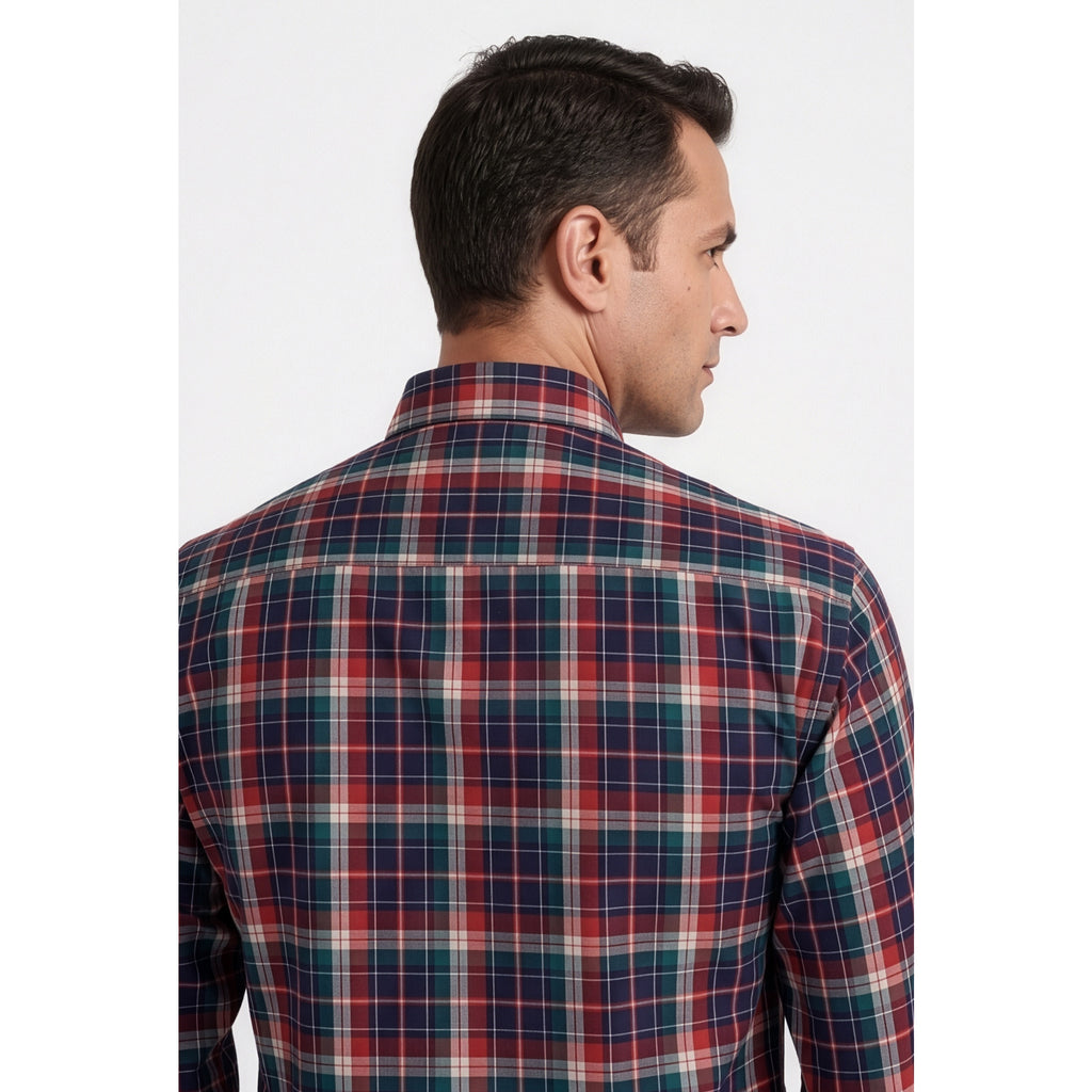 Calcani Men's Formal Shirt Deep Red Navy Teal Large Tartan