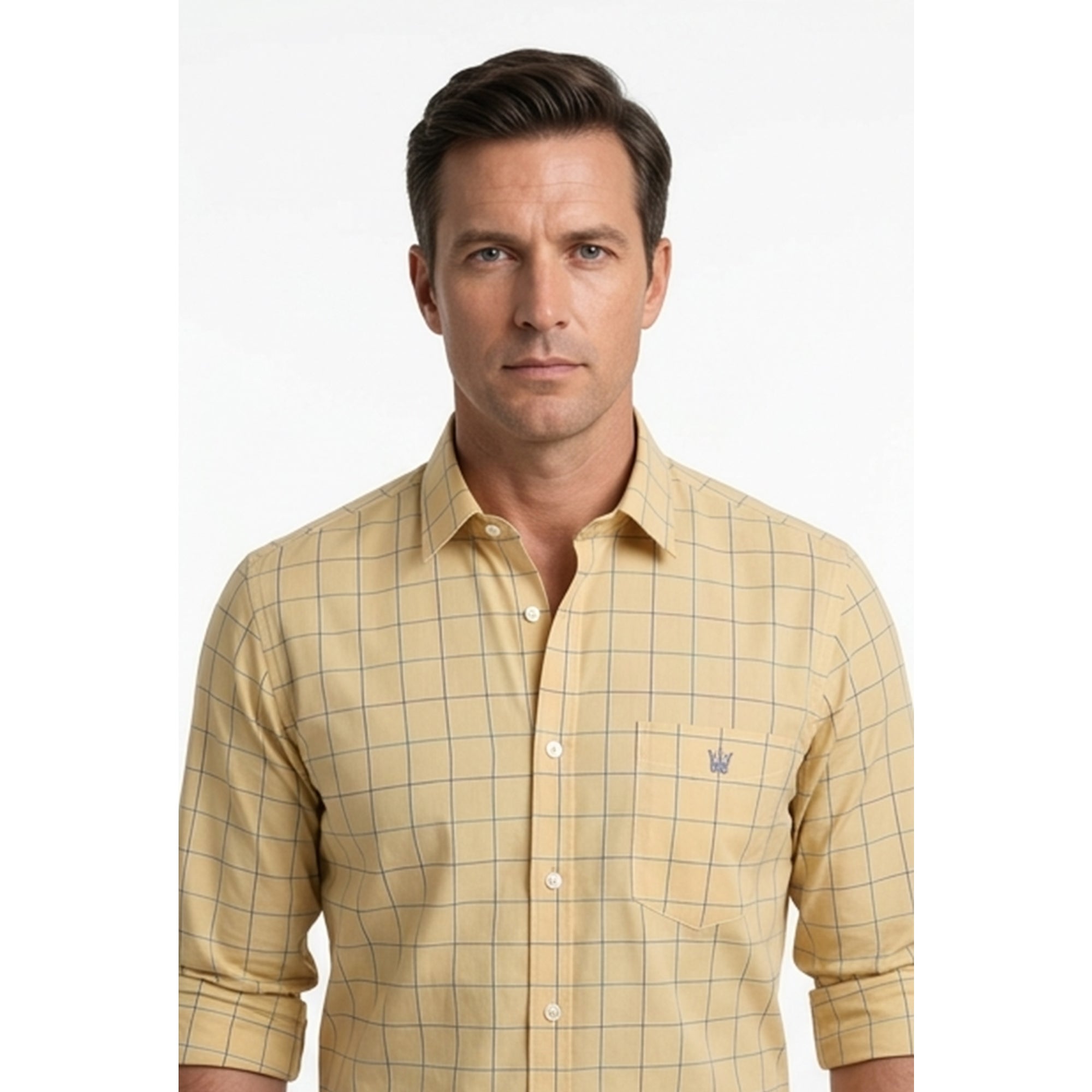 Calcani Men's Formal Shirt Golden Yellow Olive Tonal Windowpane