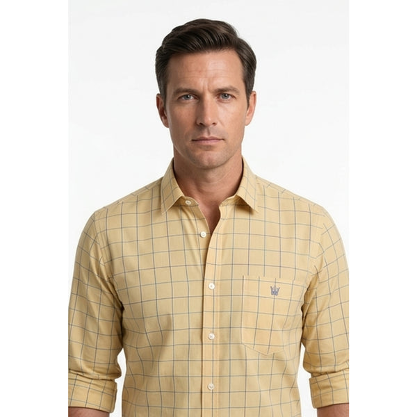 Calcani Men's Formal Shirt Golden Yellow Olive Tonal Windowpane