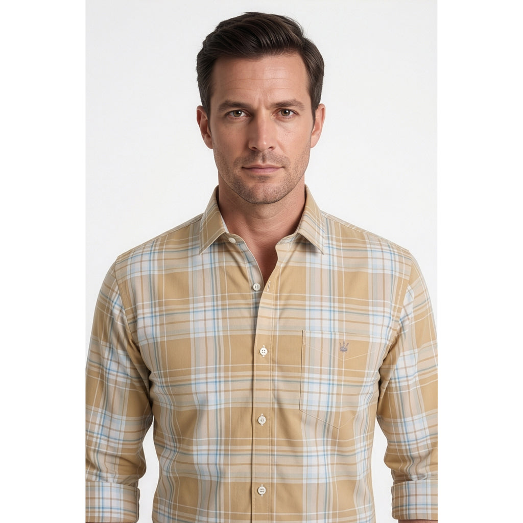 Calcani Men's Formal Shirt Sand Khaki Sky Blue Large Plaid