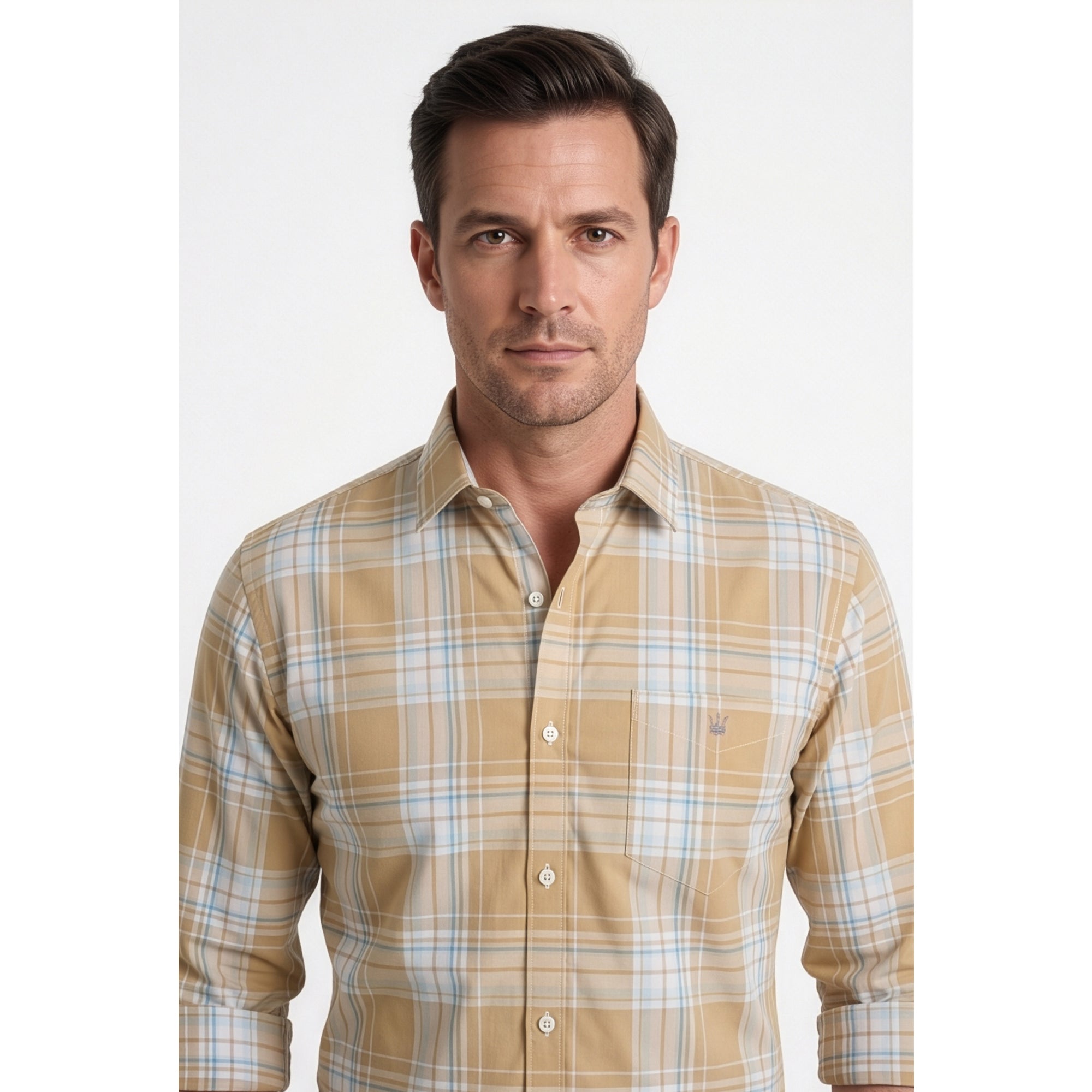 Calcani Men's Formal Shirt Sand Khaki Sky Blue Large Plaid
