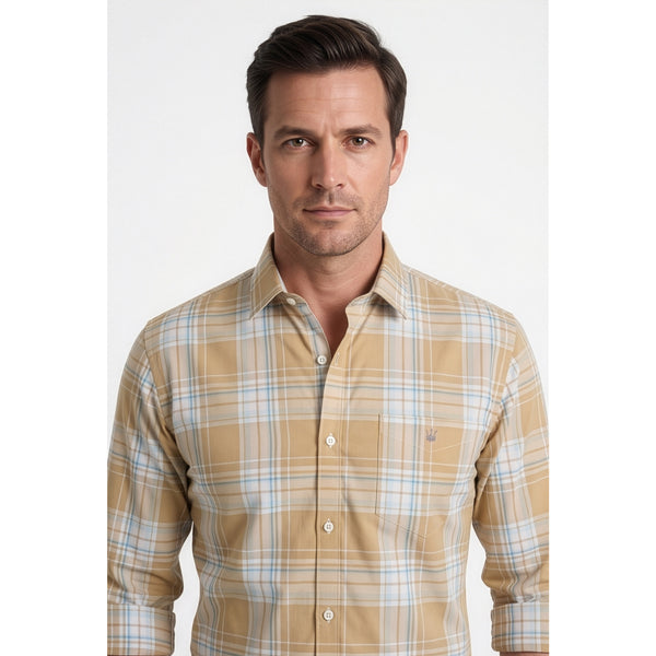 Calcani Men's Formal Shirt Sand Khaki Sky Blue Large Plaid