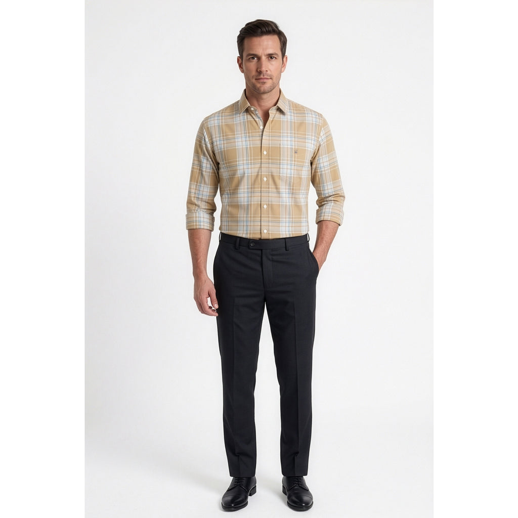 Calcani Men's Formal Shirt Sand Khaki Sky Blue Large Plaid