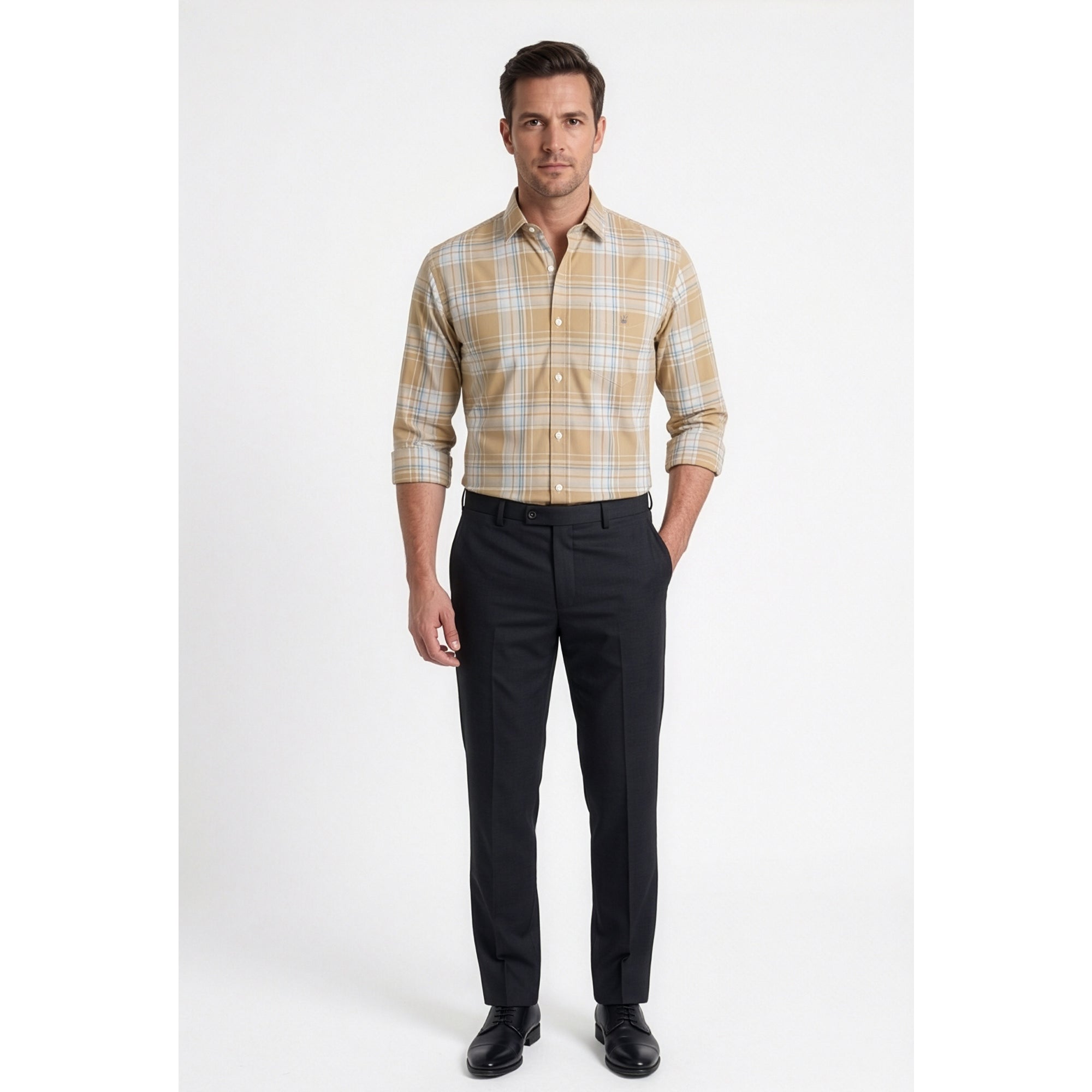 Calcani Men's Formal Shirt Sand Khaki Sky Blue Large Plaid