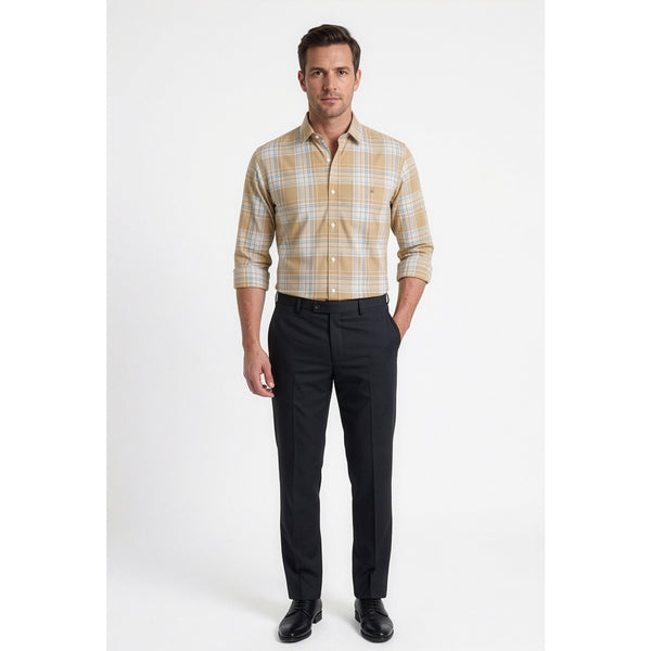 Calcani Men's Formal Shirt Sand Khaki Sky Blue Large Plaid
