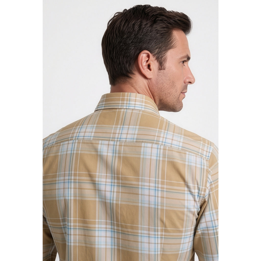 Calcani Men's Formal Shirt Sand Khaki Sky Blue Large Plaid