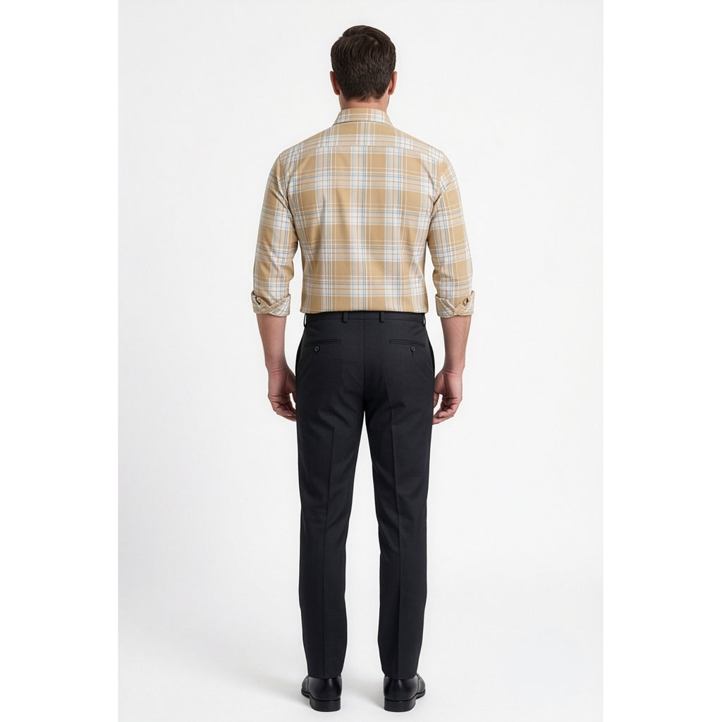 Calcani Men's Formal Shirt Sand Khaki Sky Blue Large Plaid