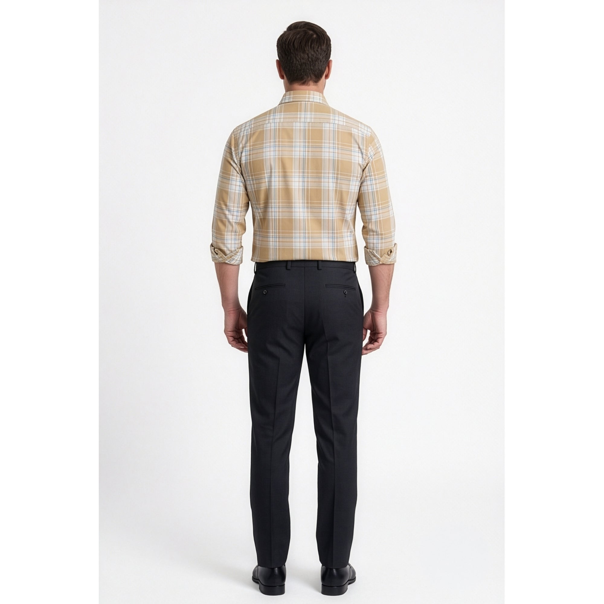 Calcani Men's Formal Shirt Sand Khaki Sky Blue Large Plaid