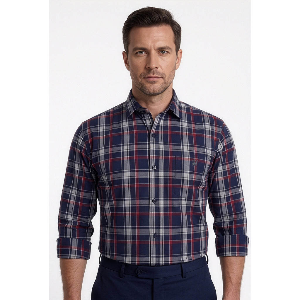 Calcani Men's Formal Shirt Navy Red Grey White Large Tartan Plaid