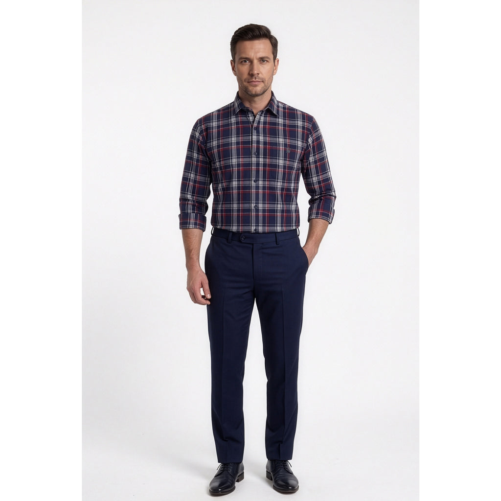 Calcani Men's Formal Shirt Navy Red Grey White Large Tartan Plaid