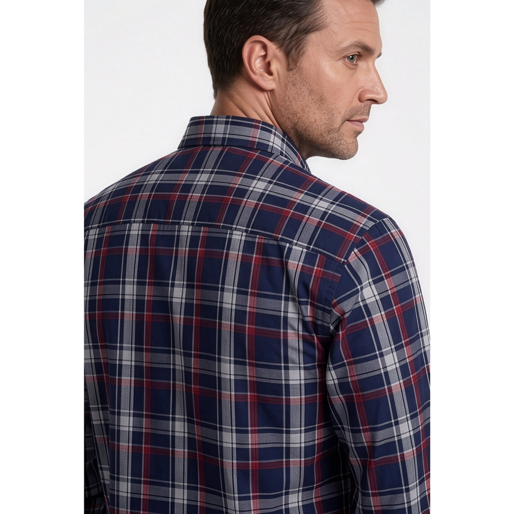 Calcani Men's Formal Shirt Navy Red Grey White Large Tartan Plaid