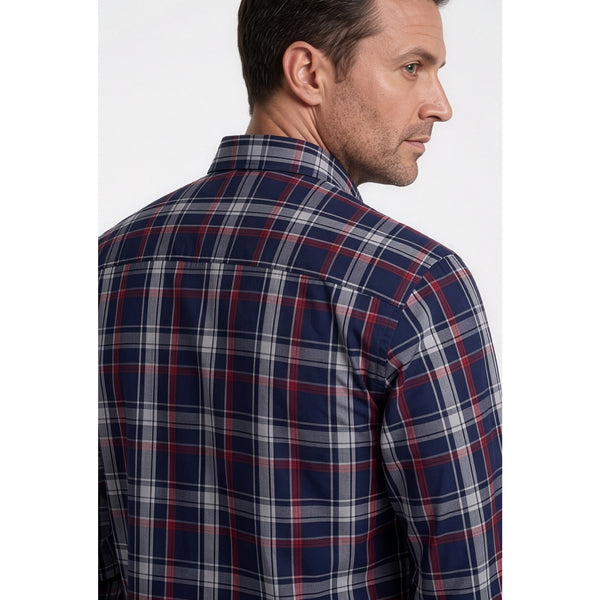 Calcani Men's Formal Shirt Navy Red Grey White Large Tartan Plaid
