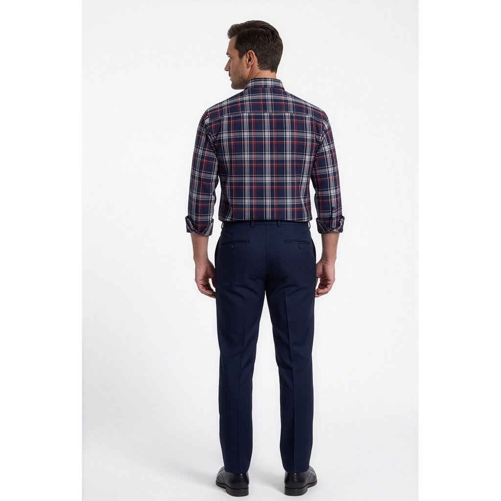 Calcani Men's Formal Shirt Navy Red Grey White Large Tartan Plaid