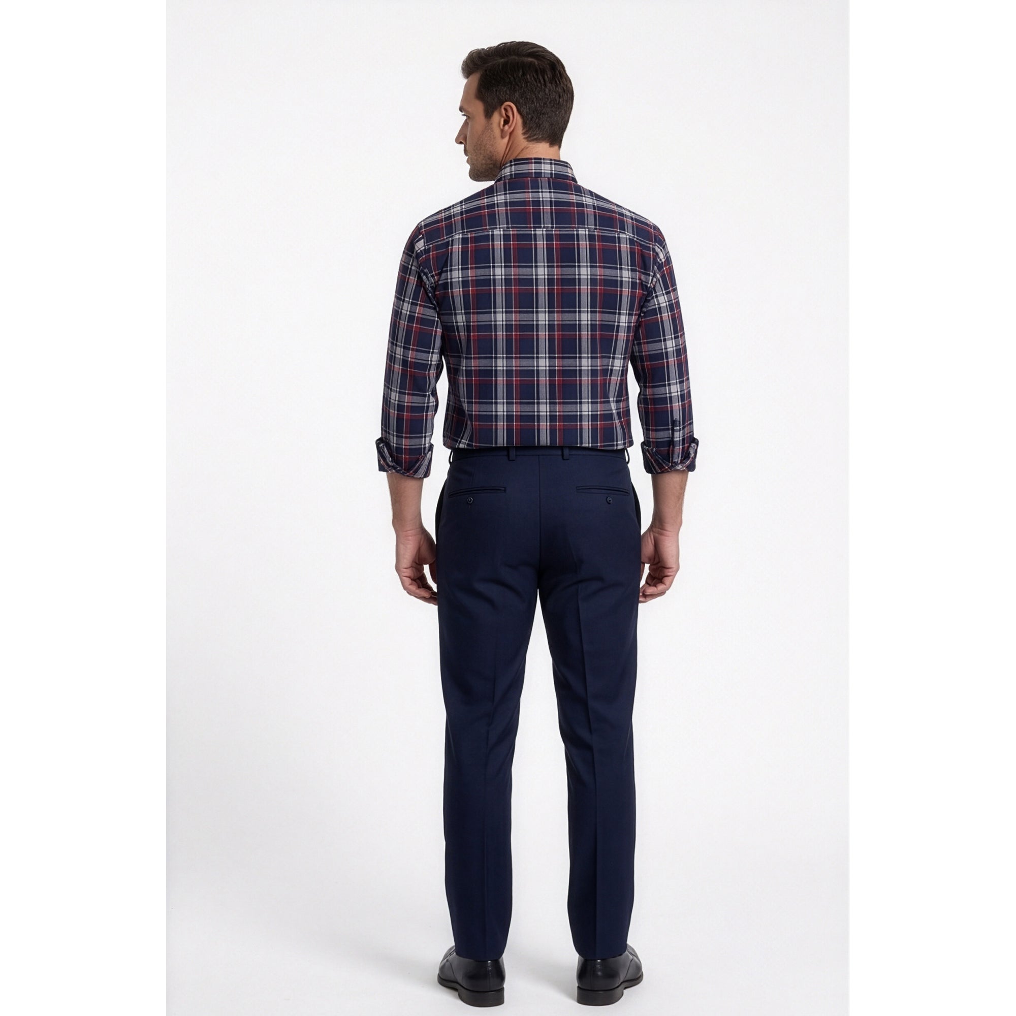 Calcani Men's Formal Shirt Navy Red Grey White Large Tartan Plaid