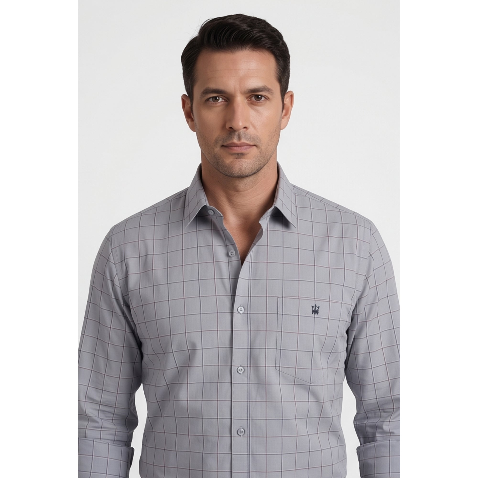 Calcani Men's Formal Shirt Steel Grey Navy Large Windowpane