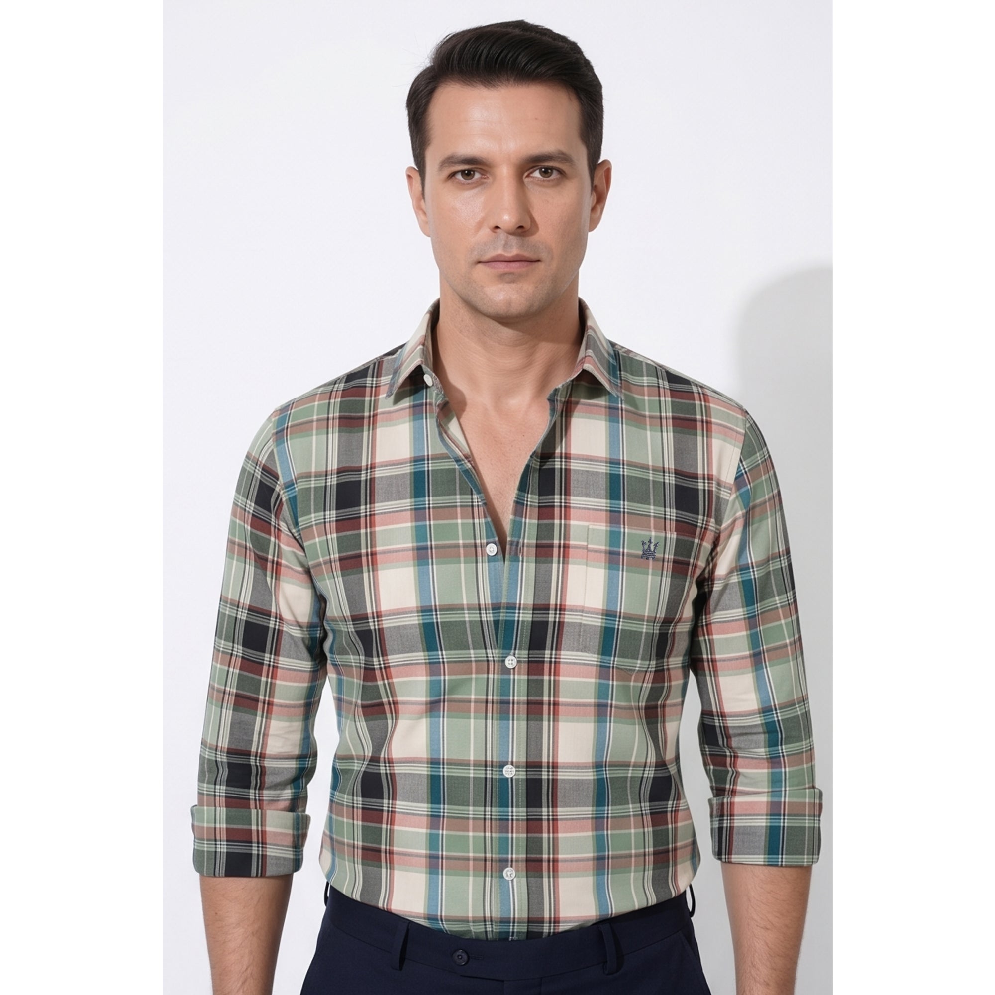 Calcani Men's Formal Shirt Cream Sage Green Navy Burgundy Large Tartan