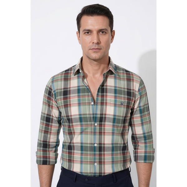 Calcani Men's Formal Shirt Cream Sage Green Navy Burgundy Large Tartan