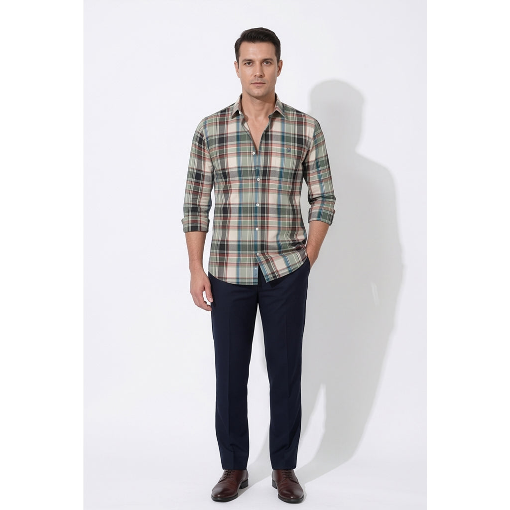 Calcani Men's Formal Shirt Cream Sage Green Navy Burgundy Large Tartan