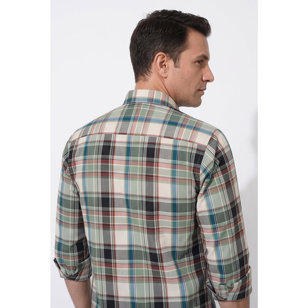 Calcani Men's Formal Shirt Cream Sage Green Navy Burgundy Large Tartan