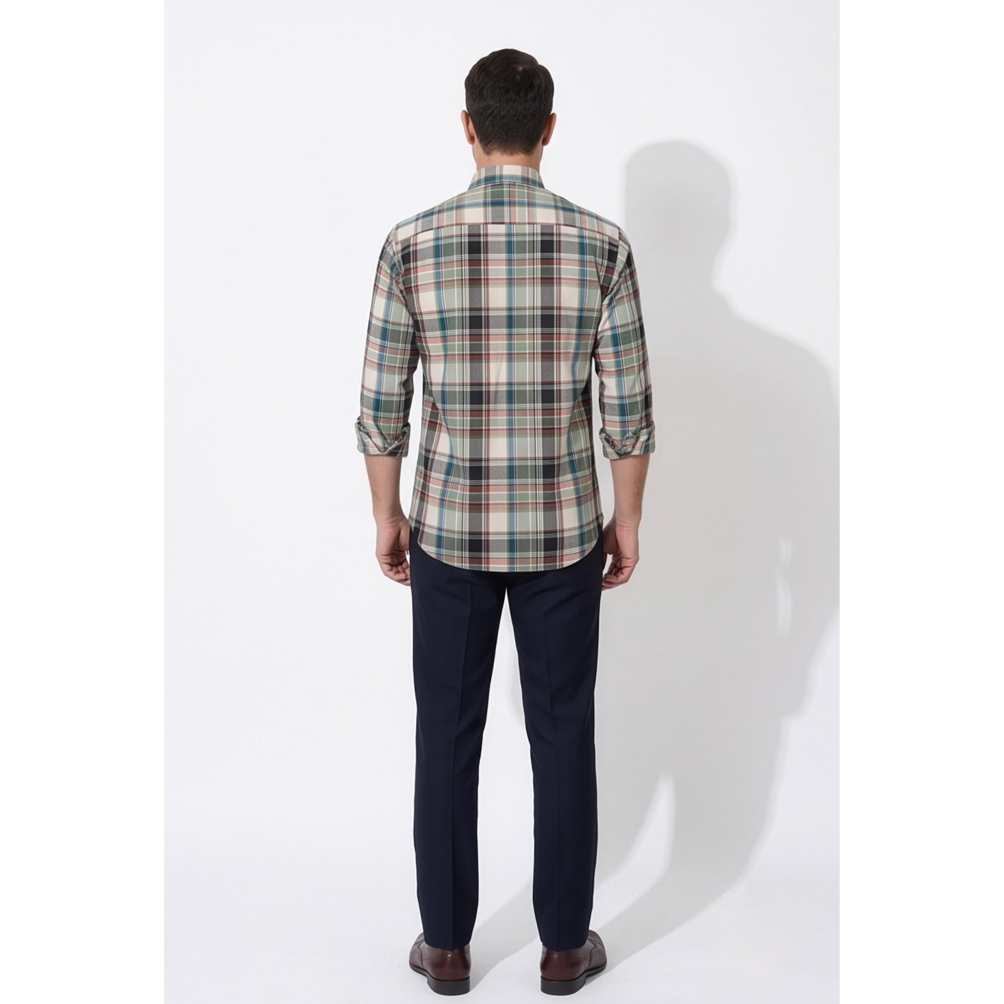 Calcani Men's Formal Shirt Cream Sage Green Navy Burgundy Large Tartan