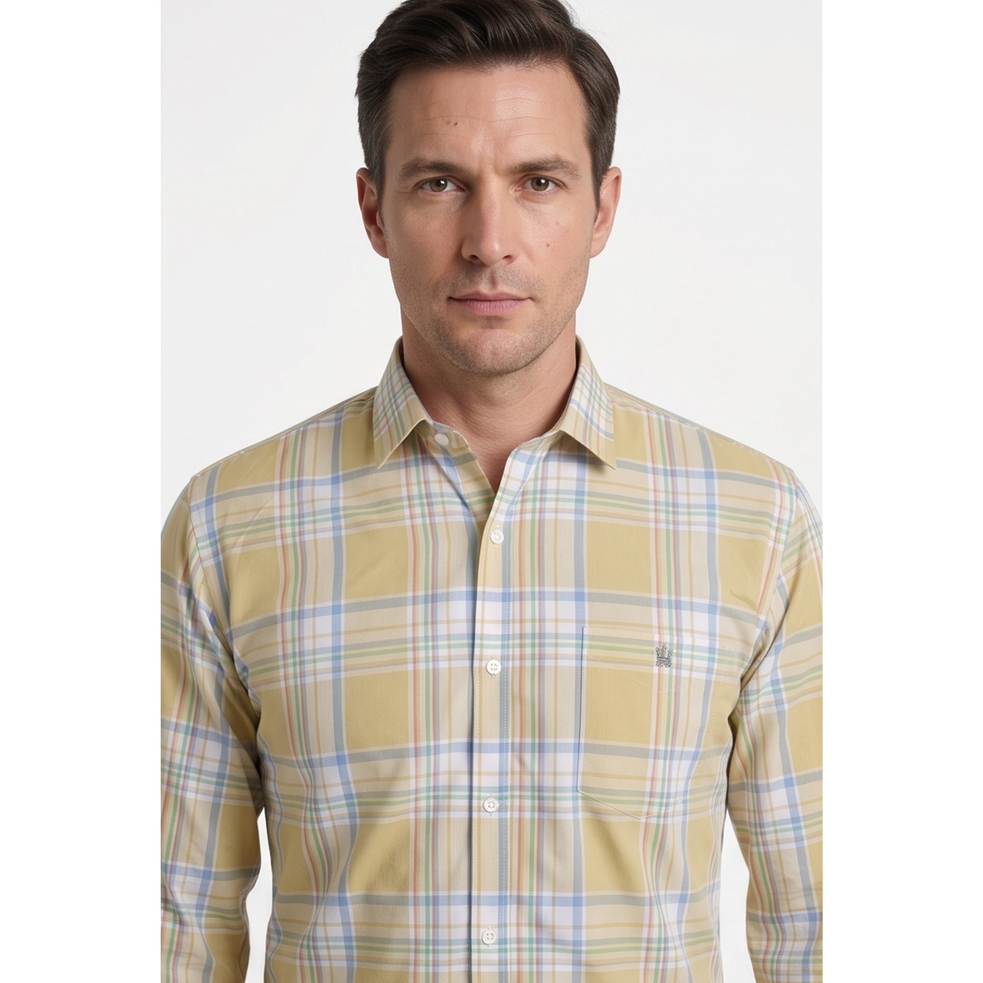 Calcani Men's Formal Shirt Golden Yellow Lavender White Large Plaid