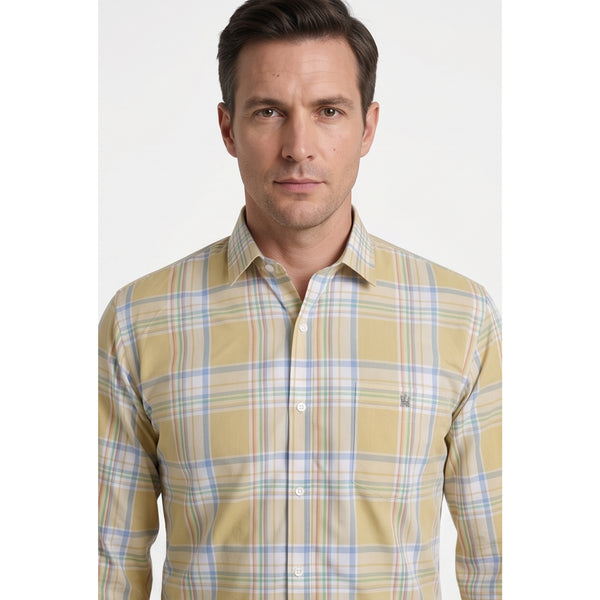 Calcani Men's Formal Shirt Golden Yellow Lavender White Large Plaid