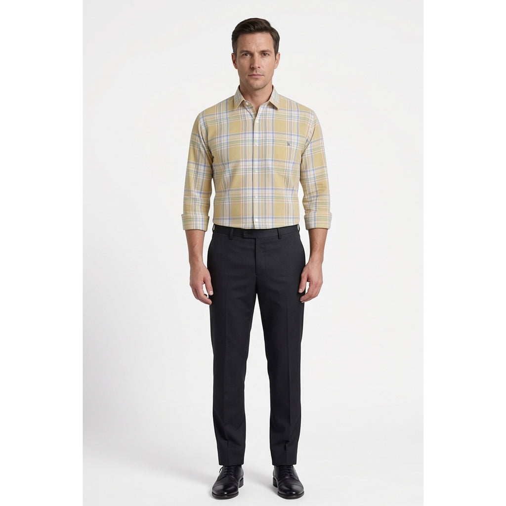 Calcani Men's Formal Shirt Golden Yellow Lavender White Large Plaid