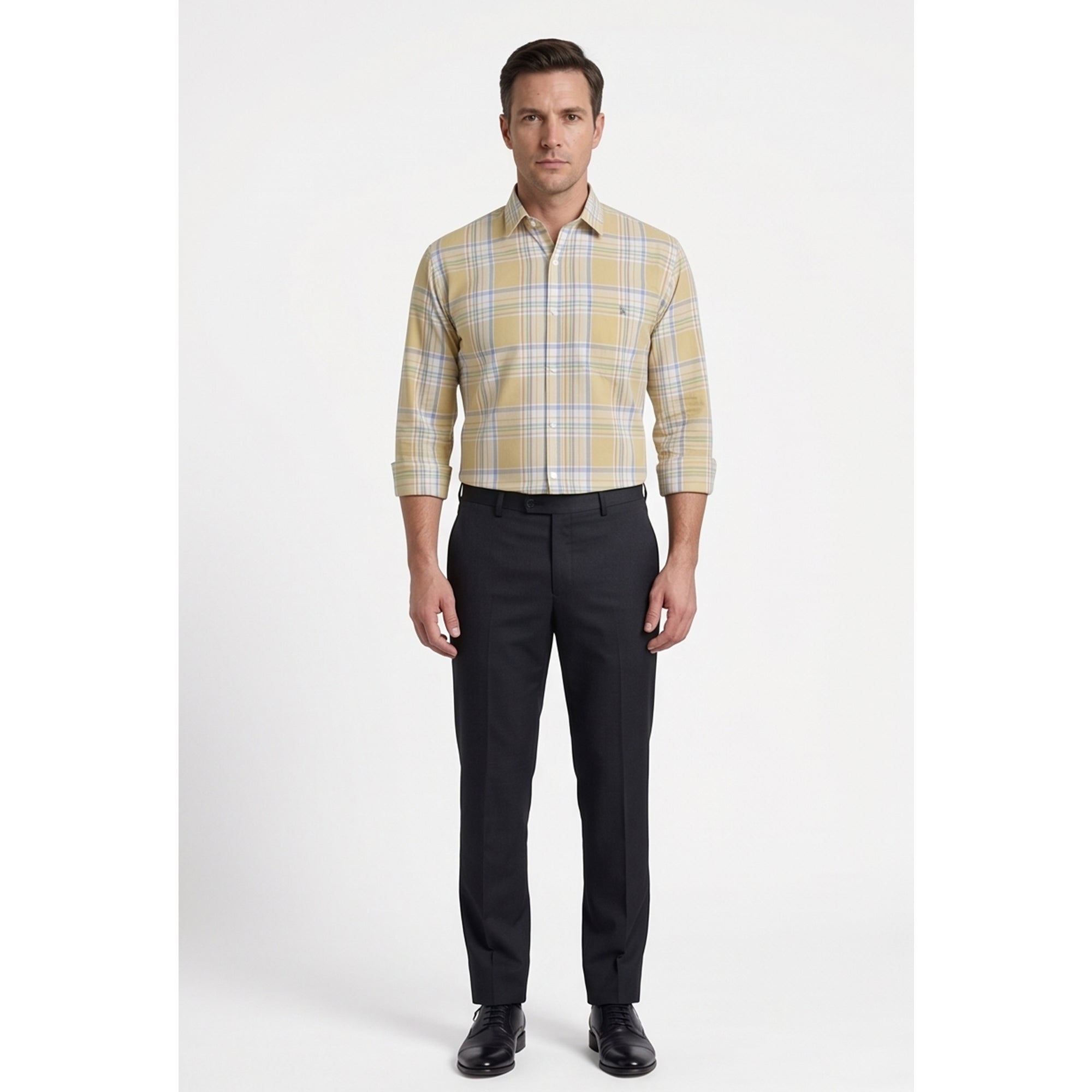 Calcani Men's Formal Shirt Golden Yellow Lavender White Large Plaid