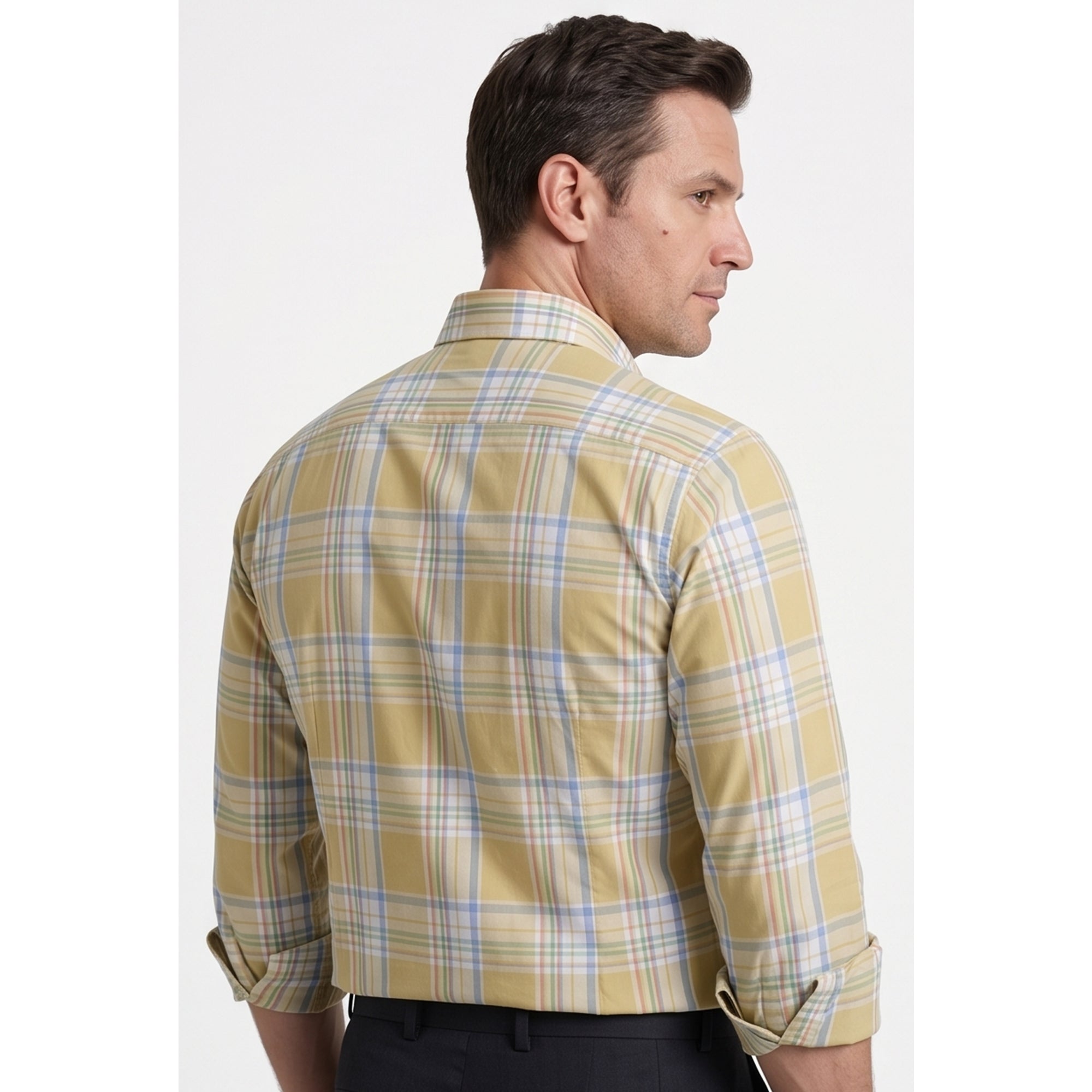 Calcani Men's Formal Shirt Golden Yellow Lavender White Large Plaid