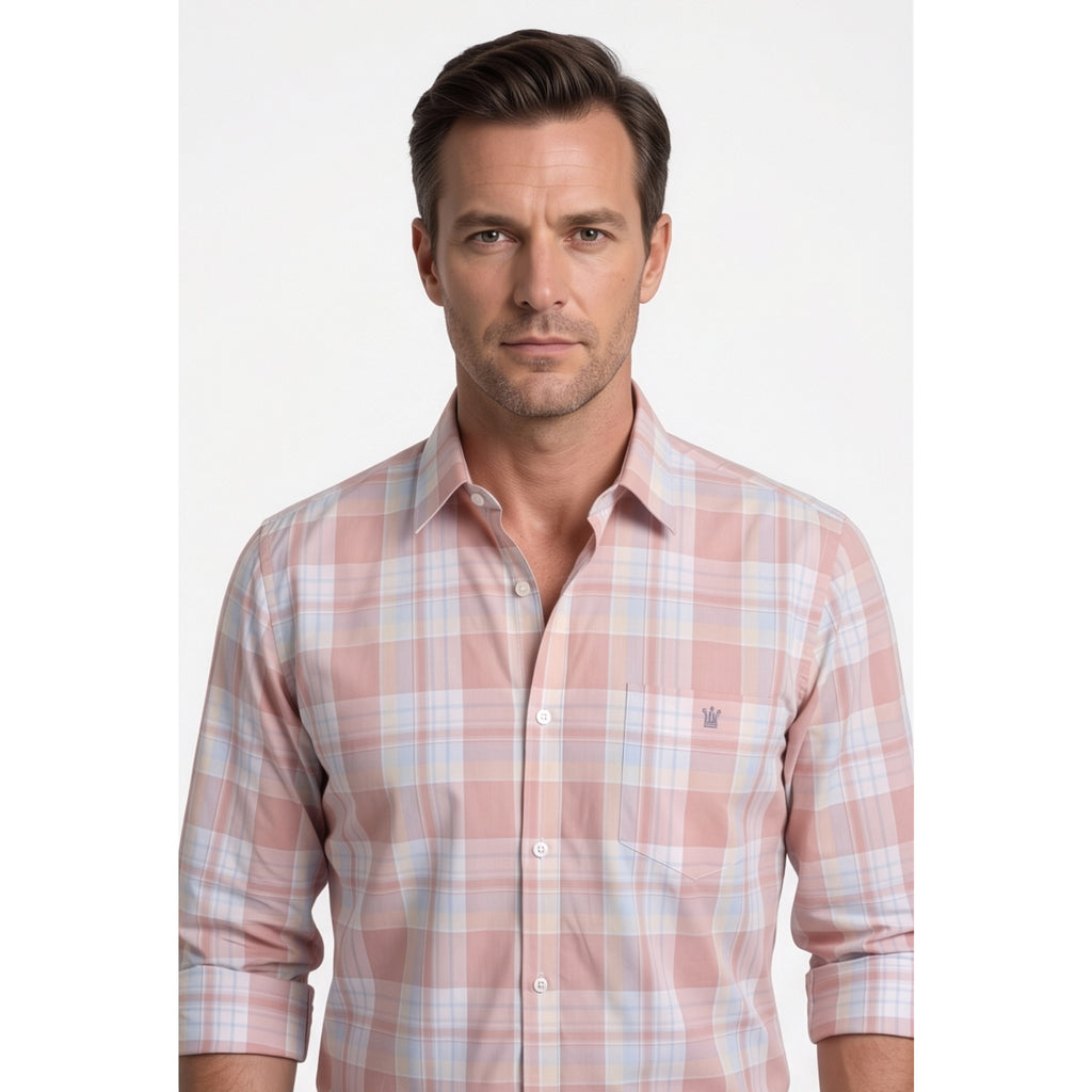 Calcani Men's Formal Shirt Blush Pink Sky Blue White Large Plaid