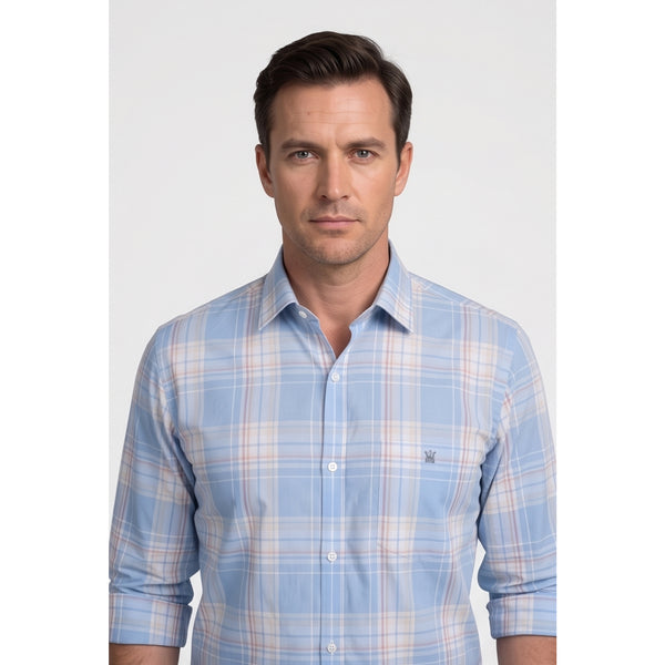 Calcani Men's Formal Shirt Sky Blue Peach Tan Large Plaid