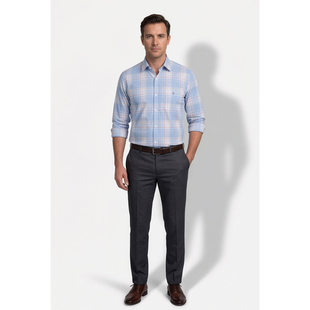 Calcani Men's Formal Shirt Sky Blue Peach Tan Large Plaid