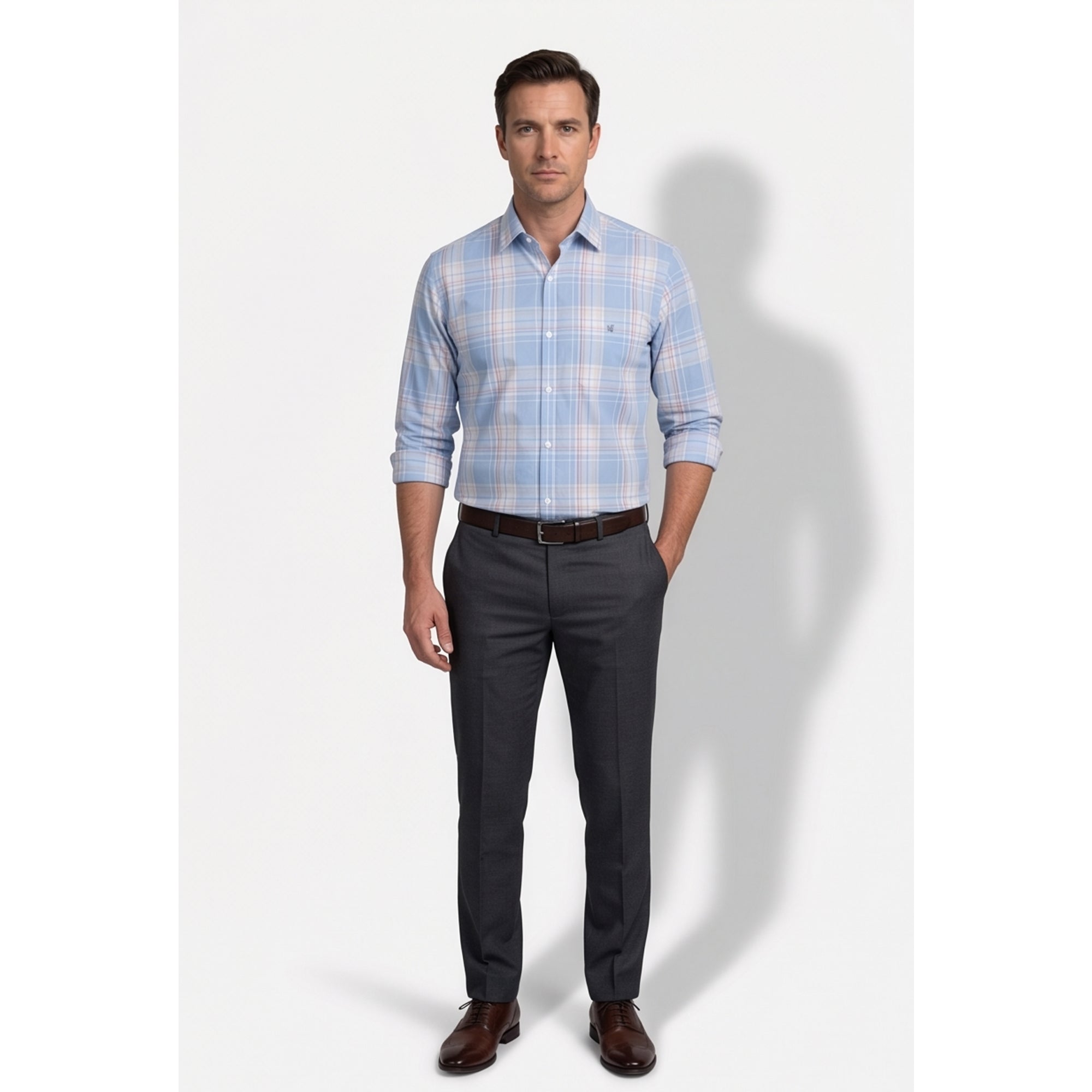 Calcani Men's Formal Shirt Sky Blue Peach Tan Large Plaid